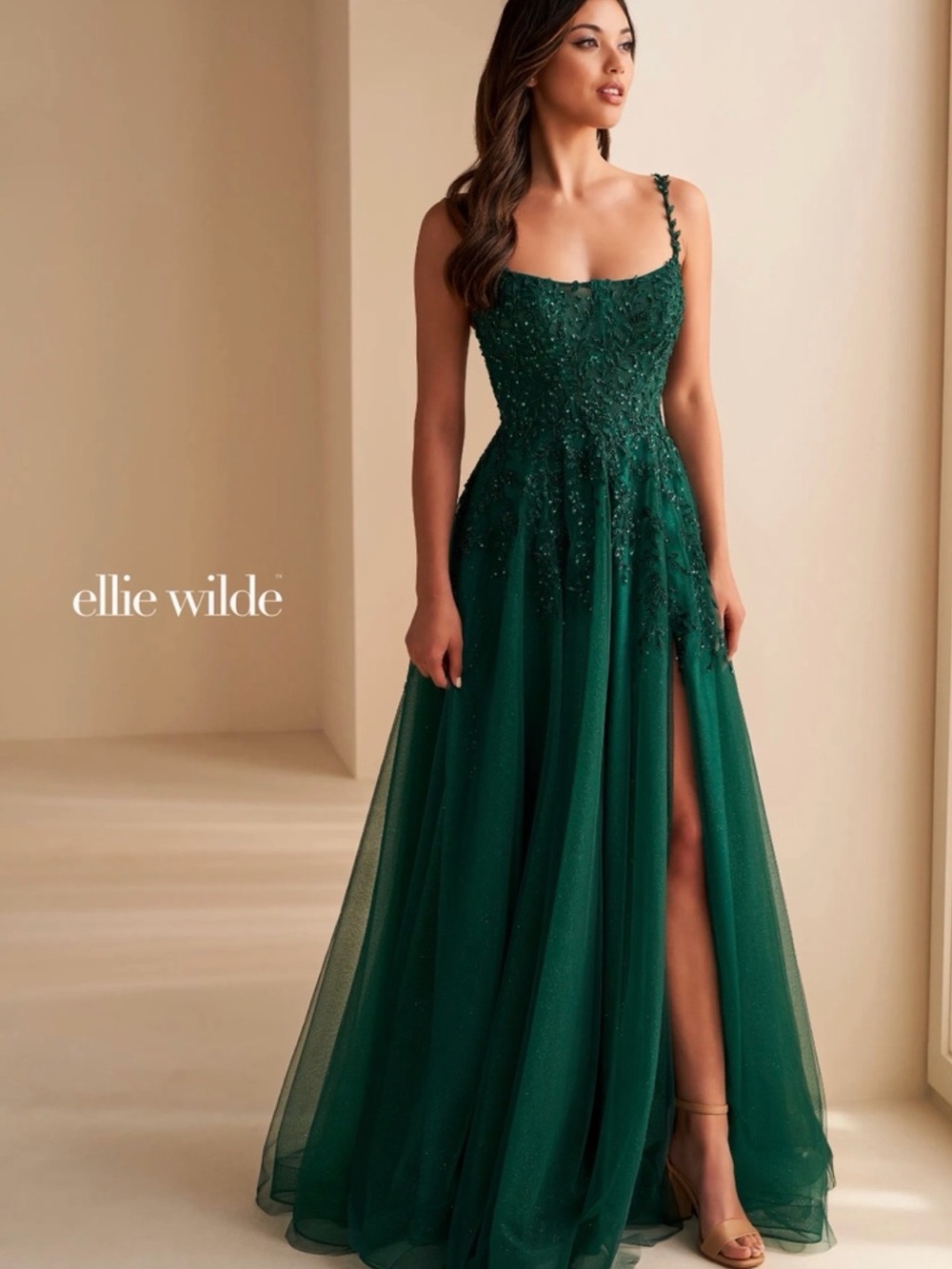 ellie wilde Forest Green Beaded A-Line Prom Dress